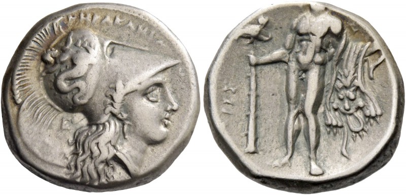 Lucania, Heraclea. Nomos circa 281-278, AR 7.83 g. Helmeted head of Athena r., b...