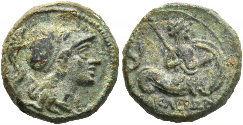 Lucania, Heraclea. Bronze III century BC, Æ 3.01 g. Helmeted head of Athena r. R...