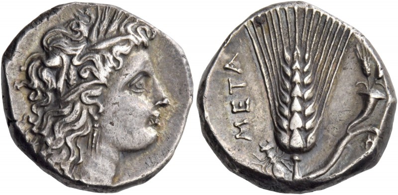 Metapontum. Nomos circa 290-280, AR 7.80 g. Head of Demeter r., wearing barley-w...