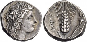 Metapontum. Nomos circa 290-280, AR 7.80 g. Head of Demeter r., wearing barley-wreath. Rev. Ear of barley with leaf to r., on which, cornucopiae. John...