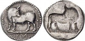 Sybaris. Nomos circa 550-510, AR 8.07 g. Bull standing l. on dotted exergual line, looking backwards. Rev. The same type incuse. SNG Copenhagen 1388. ...