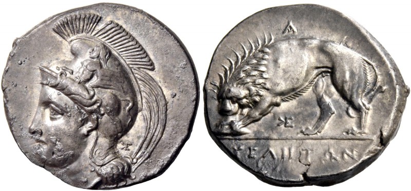 Velia. Nomos circa 350-310 or 334-310, AR 7.62 g. Helmeted head of Athena l., we...
