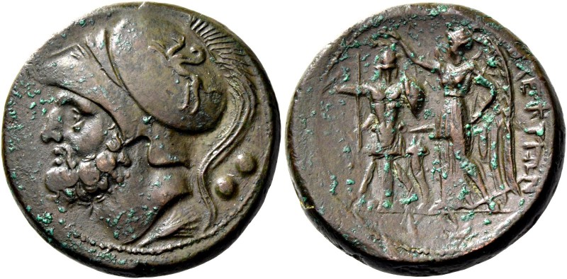 Bruttium, The Brettii. Double unit 214-211, Æ 16.28 g. Helmeted head of Ares l.;...