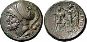 Bruttium, The Brettii. Double unit 214-211, Æ 16.28 g. Helmeted head of Ares l.; below, corn ear and behind, two pellets. Rev. Nike standing l., crown...