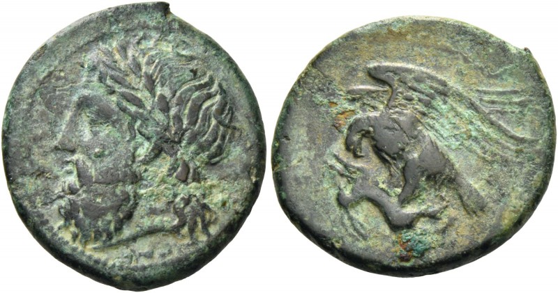 Sicily, Agrigentum. Bronze circa 338-287, Æ 5.28 g. Laureate head of Zeus l. Rev...
