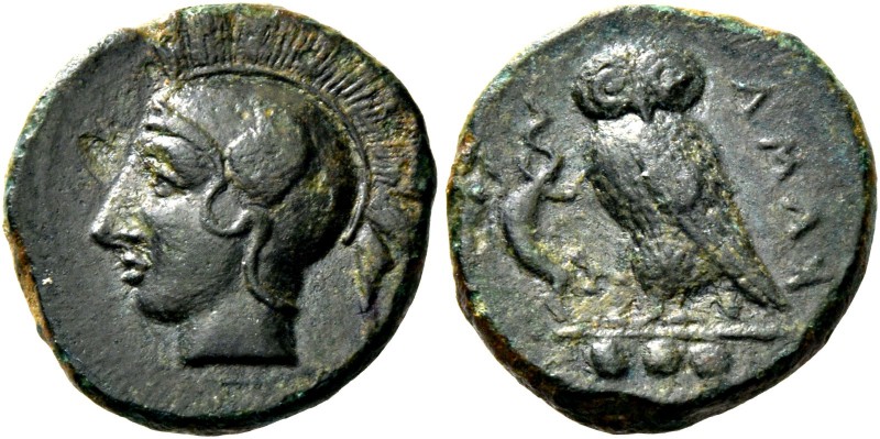 Camarina. Tetras circa 410-405, Æ 3.18 g. Helmeted head of Athena l. Rev. owl st...