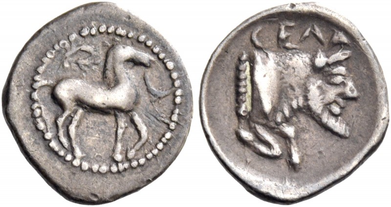 Gela. Litra circa 465-450, AR 0.76 g. Horse standing r., with bridle loose; in f...