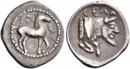 Gela. Litra circa 465-450, AR 0.76 g. Horse standing r., with bridle loose; in field above, wreath. Rev. Forepart of man-headed bull (the river-god Ge...
