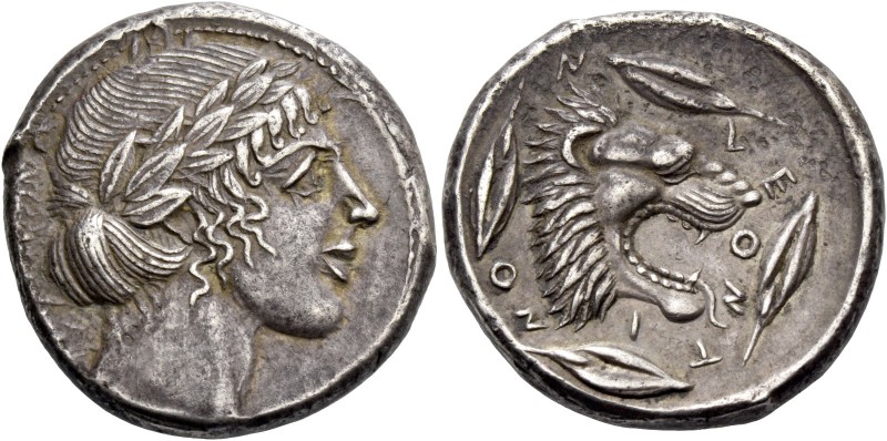 Leontini. Tetradrachm circa 455-450, AR 17.44 g. Laureate head of Apollo r. Rev....