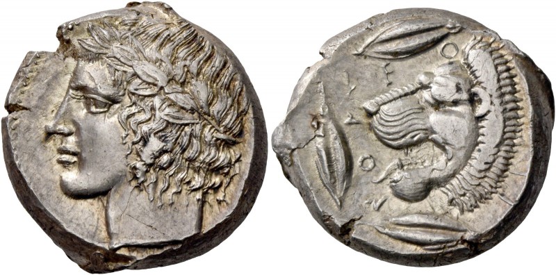 Leontini. Tetradrachm circa 430-425, AR 17.19 g. Laureate head of Apollo l. Rev....