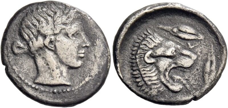 Leontini. Drachm circa 430-425, AR 3.99 g. Laureate head of Apollo r. Rev. Lions...