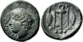 Leontini. Tetras circa 405-402, Æ 2.23 g. Laureate youthful male head l.; in l. field, leaf. Rev. Tripod; in background lyre, at sides, two grains and...
