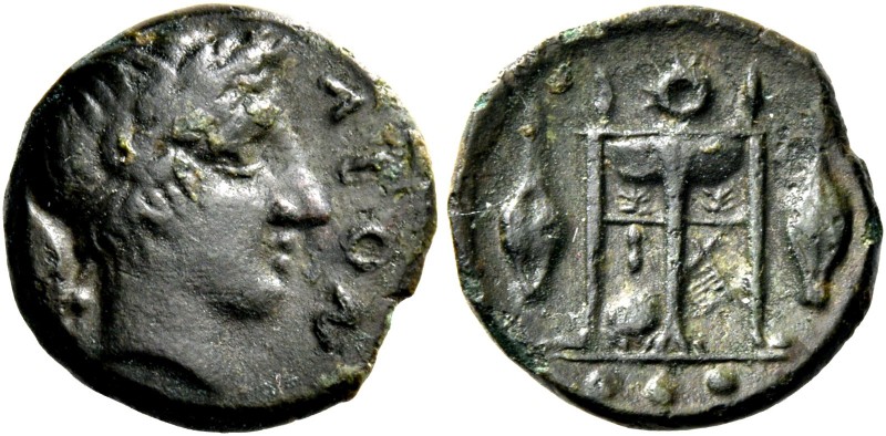 Leontini. Tetras circa 405-402, Æ 1.82 g. Laureate head of Apollo r.; in l. fiel...