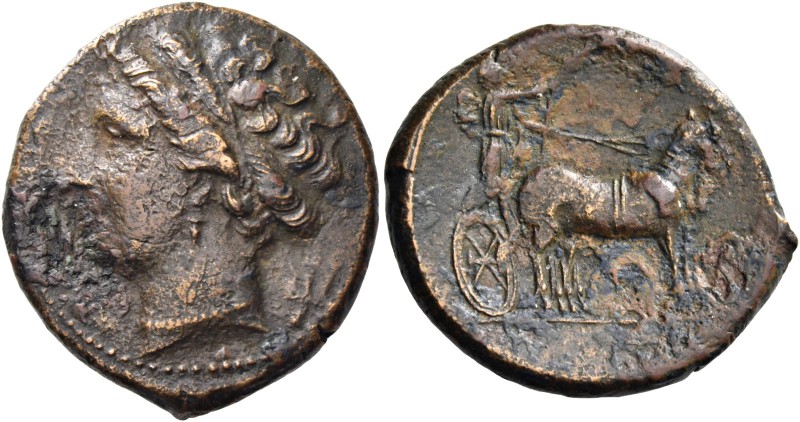 Messana. Bronze circa 317-311, Æ 8.17 g. Head of nymph Messana l., wearing hair-...