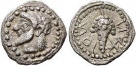 Naxos. Litra circa 550-530, AR 0.84 g. Bearded and ivy wreathed of Dionysus l. Rev. Bunch of grapes. SNG Lockett 839. Campana 2 (this coin listed). Ca...