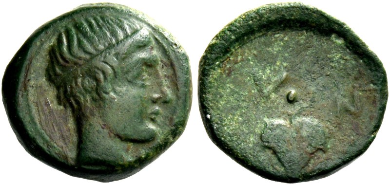 Naxos. Oncia circa 420-403, Æ 1.57 g. Diademed and wreathed youthful head r. Rev...