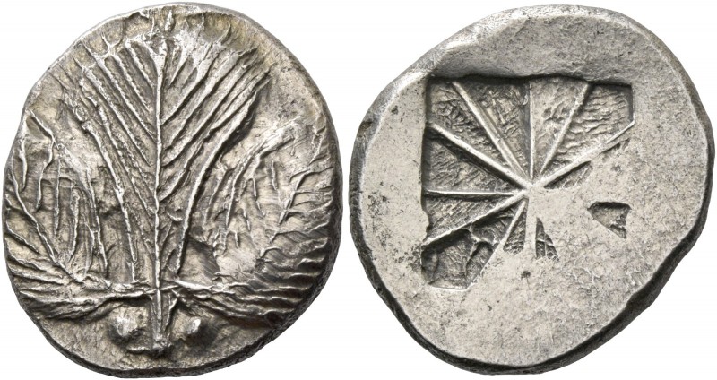 Selinus. Didrachm circa 540-515, AR 8.54 g. Selinon leaf; at base of stem, two p...