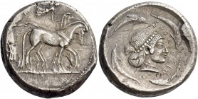 Syracuse. Tetradrachm circa 480-475, AR 17.07 g. Slow quadriga driven r. by charioteer holding kentron and reins; above, Nike flying r. to crown the h...