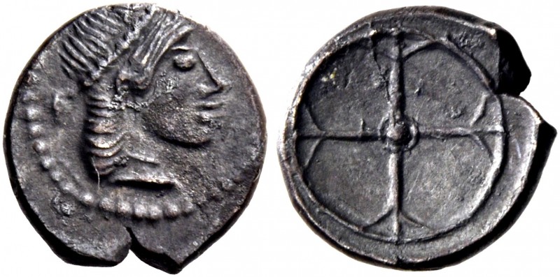 Syracuse. Obol circa 480-475, AR 0.67 g. Head of Arethusa r. Rev. Wheel. Boehrin...