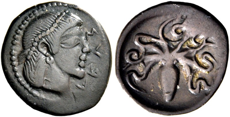 Syracuse. Litra circa 470, AR 0.75 g. ΣVPA Pearl-diademed head of Arethusa r. Re...