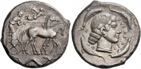 Syracuse. Tetradrachm circa 470-466, AR 16.82 g. Slow quadriga driven r. by charioteer, holding kentron and reins; above, Nike flying r. to crown hors...
