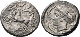 Syracuse. Tetradrachm signed by Eumenos and Eukleidas circa 415-410, AR 16.41 g. Prancing quadriga driven l. by clean-shaven charioteer, wearing long ...