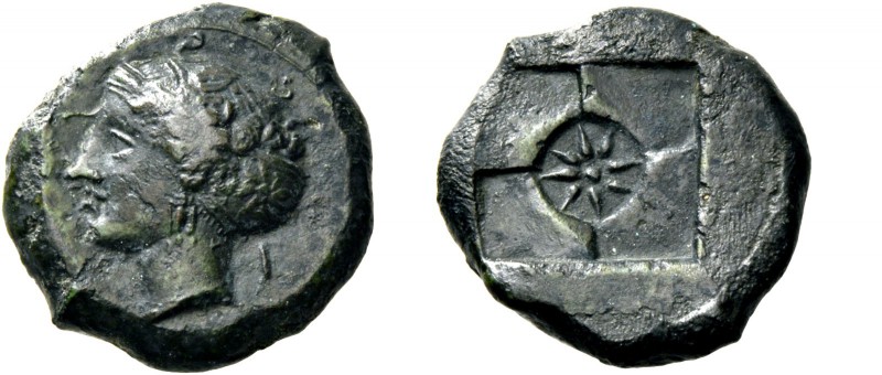 Syracuse. Hemilitra signed by Euainetos circa 410-405, Æ 4.85 g. Head of Arethus...