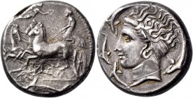 Syracuse. Tetradrachm in the style of Eukleidas, circa 405-400, AR 17.28 g. Fast quadriga driven l. by charioteer, holding kentron in r. hand and rein...