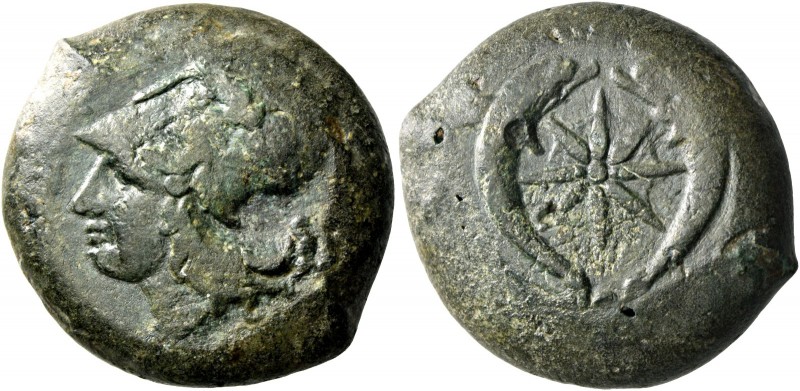 Syracuse. Drachm circa 375-345, Æ 25.69 g. Head of Athena l., wearing Corinthian...