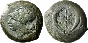 Syracuse. Drachm circa 375-345, Æ 25.69 g. Head of Athena l., wearing Corinthian helmet decorated with olive-wreath. Rev. Pair of dolphins swimming do...