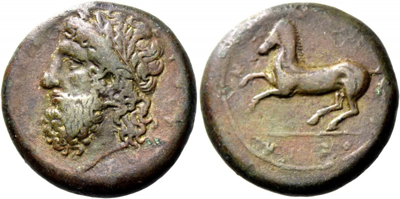 Syracuse. Dilitron circa 344-337, Æ 18.73 g. Head of Zeus Eleutherios bearded an...