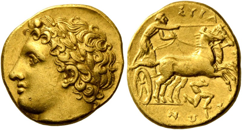 Syracuse. Decadrachm, circa 317-310, AV 4.30 g. Laureate head of Apollo l.; behi...