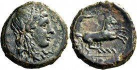 Syracuse. Bronze 287-278, Æ 11.08 g. Head of Kore-Persephone r., wearing barley-wreath. Rev. Prancing biga driven r. by charioteer, holding kentron an...