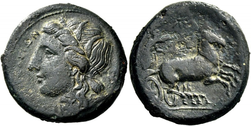 Syracuse. Bronze 287-278, Æ 10.06 g. Head of Kore-Persephone l., wearing barley-...