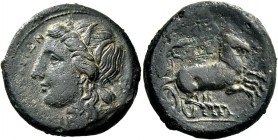 Syracuse. Bronze 287-278, Æ 10.06 g. Head of Kore-Persephone l., wearing barley-wreath. Rev. Prancing biga driven r. by charioteer, holding kentron an...