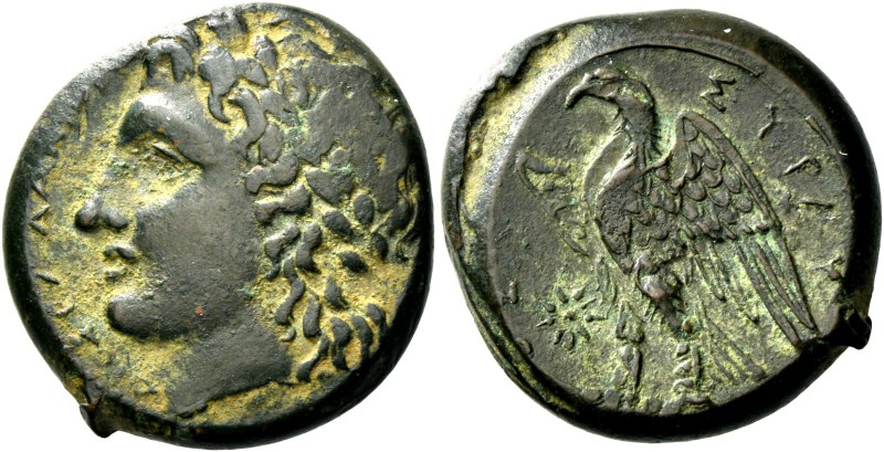 Syracuse. Bronze 287-278, Æ 11.63 g. Laureate head of young Zeus l. Rev. Eagle s...
