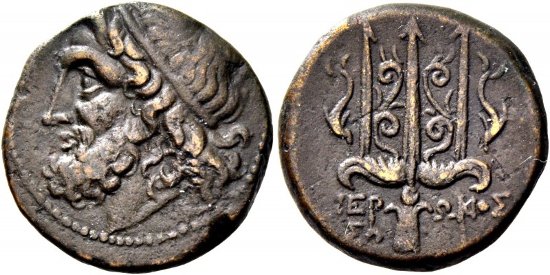 Syracuse. Bronze circa 275-216, Æ 5.62 g. Head of Poseidon l. Rev. Trident betwe...