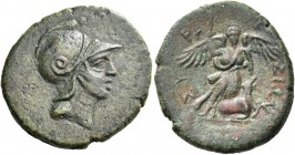 Syracuse. Bronze after 212, Æ 9.51 g. Head of Athena r., wearing crested helmet. Rev. Nike facing, with open wings; at her feet, ram. SNG ANS 1087. Ca...