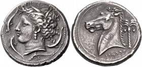 The Carthaginians in Sicily and North Africa. Tetradrachm, Sicily circa 320-300, AR 16.78 g. Head of Tanit-Persephone l., wearing barley wreath, tripl...