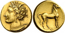 The Carthaginians in Sicily and North Africa. Stater circa 310-290, EL 7.50 g. Head of Tanit-Persephone l., wearing barley wreath, bar and triple pend...