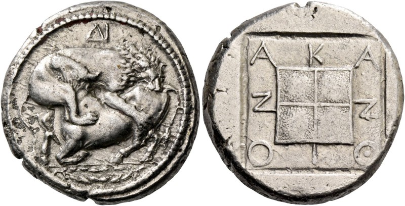 Macedonia, Acanthus. Tetradrachm circa 480-424, AR 16.72 g. Bull with head raise...