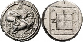 Macedonia, Acanthus. Tetradrachm circa 480-424, AR 16.72 g. Bull with head raised, crouching to l. attacked by lion leaping on its back to r.; in fiel...