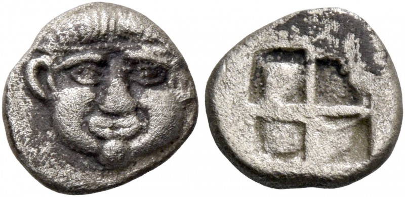 Neapolis. Obol V century BC, AR 0.74 g. Gorgoneion facing. Rev. Quadripartite in...