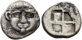 Neapolis. Obol V century BC, AR 0.74 g. Gorgoneion facing. Rev. Quadripartite incuse square. Traitè II, 1742. BMC 13. Tzamalis, Nomismatika Khronika 1...