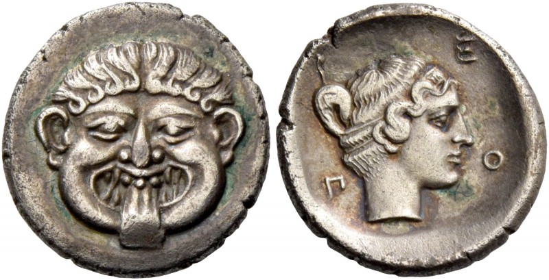 Neapolis. Hemidrachm 410-380, AR 1.85 g. Gorgoneion facing. Rev. Head of nymph r...