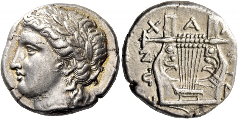 Olynthus, Chalcidian League. Tetradrachm circa 410-410, AR 14.39 g. Laureate hea...