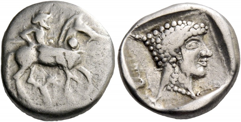 Potidaea. Tetrobol 480, AR 2.84 g. Poseidon Hippios on horseback advancing r. an...
