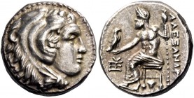 Alexander III, 336 – 323 and posthumous issues. Drachm, Sardes circa 334-323, AR 4.28 g. Head of Heracles r., wearing lion skin headdress. Rev. Zeus s...