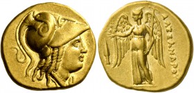 Alexander III, 336 – 323 and posthumous issues. Stater, Salamis circa 332-323, AV 8.52 g. Head of Athena r., wearing crested Corinthian helmet, bowl d...