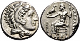 Alexander III, 336 – 323 and posthumous issues. Drachm, Lampsacus circa 328-323, AR 4.28 g. Head of Heracles r., wearing lion skin headdress. Rev. Zeu...